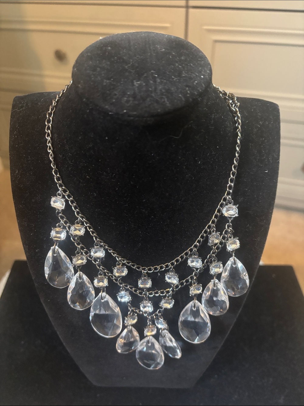 Crystal Teardrop Statement Necklace - Silver Tone Vintage